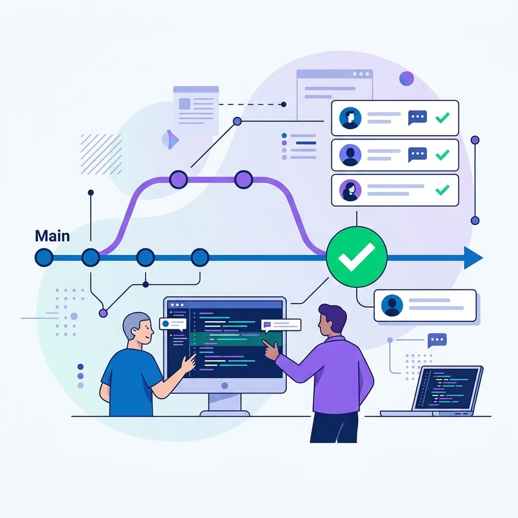 GitHub Pull Request illustration showing code branches merging