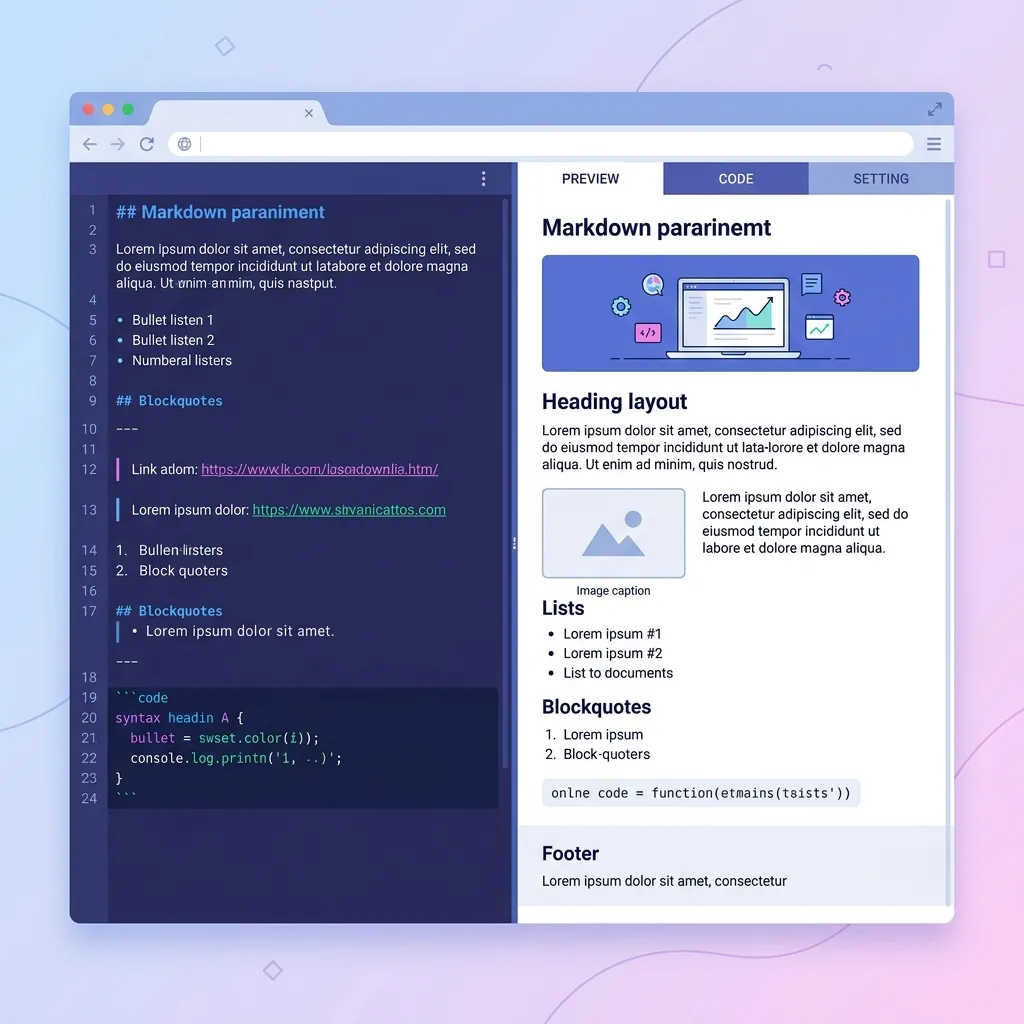 Illustration showing an online Markdown editor interface with a live preview split screen