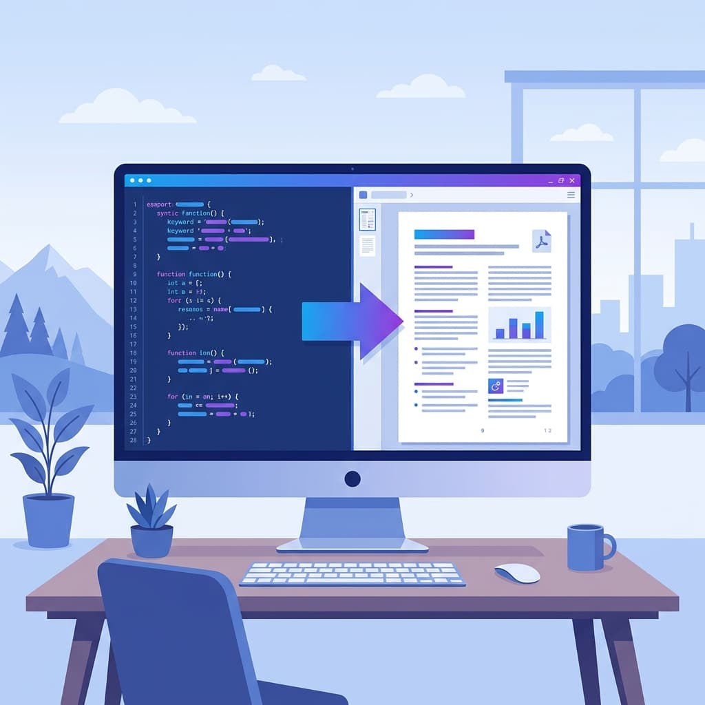 Illustration showing raw Markdown code converting into a formatted PDF document