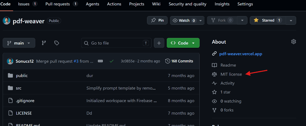GitHub repository showing the MIT license badge displayed in the repository sidebar after adding a LICENSE file
