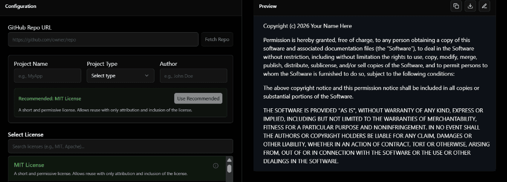 License generator tool showing the configuration form, license list, and preview panel side by side