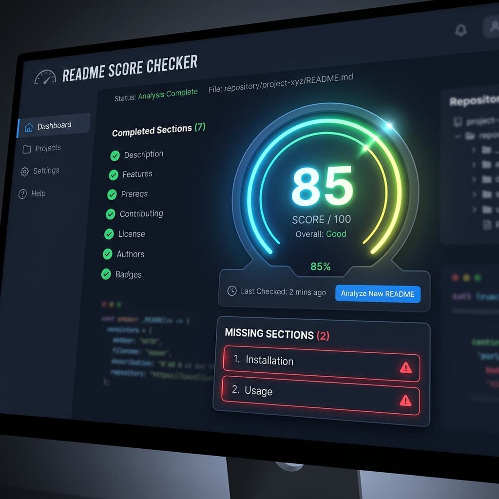 GitHub README Score Checker showing score and missing sections