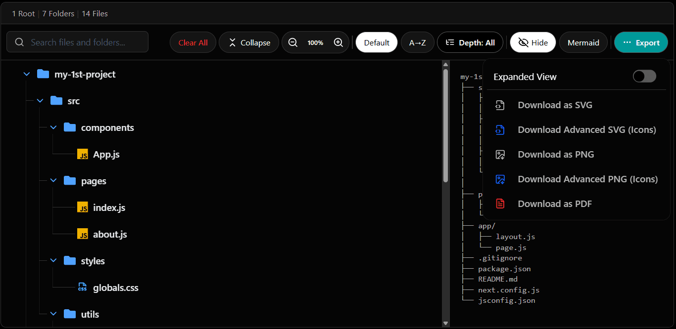 GitHub file tree visualizer — export as Markdown SVG or PNG